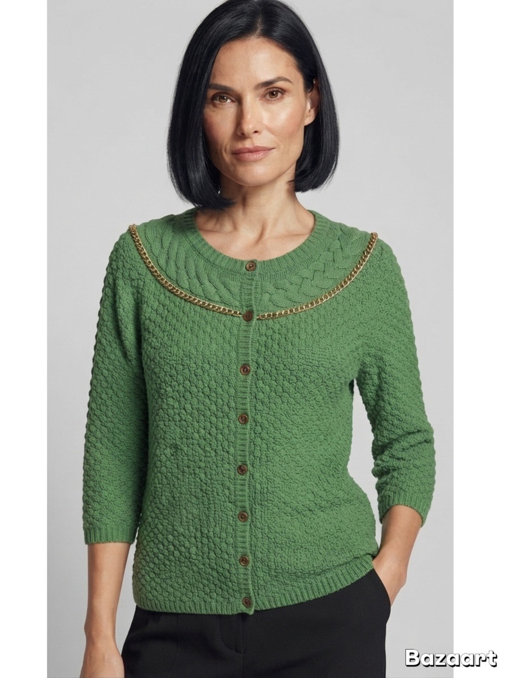 Liz Claiborne Green Textured Cardigan with Gold Chain Trim